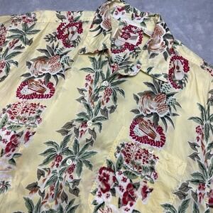 Hilo Hattie 100% Silk Hawaiian Shirt Mens M Yellow Red Short Sleeve Retro Hula